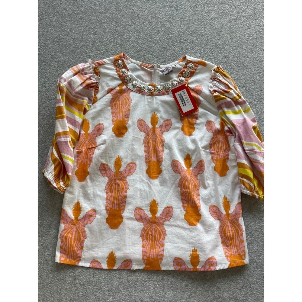 Sheridan French Sunday Zebra Blouse Blush Orange Pink Striped Puff Sleeve XS NEW